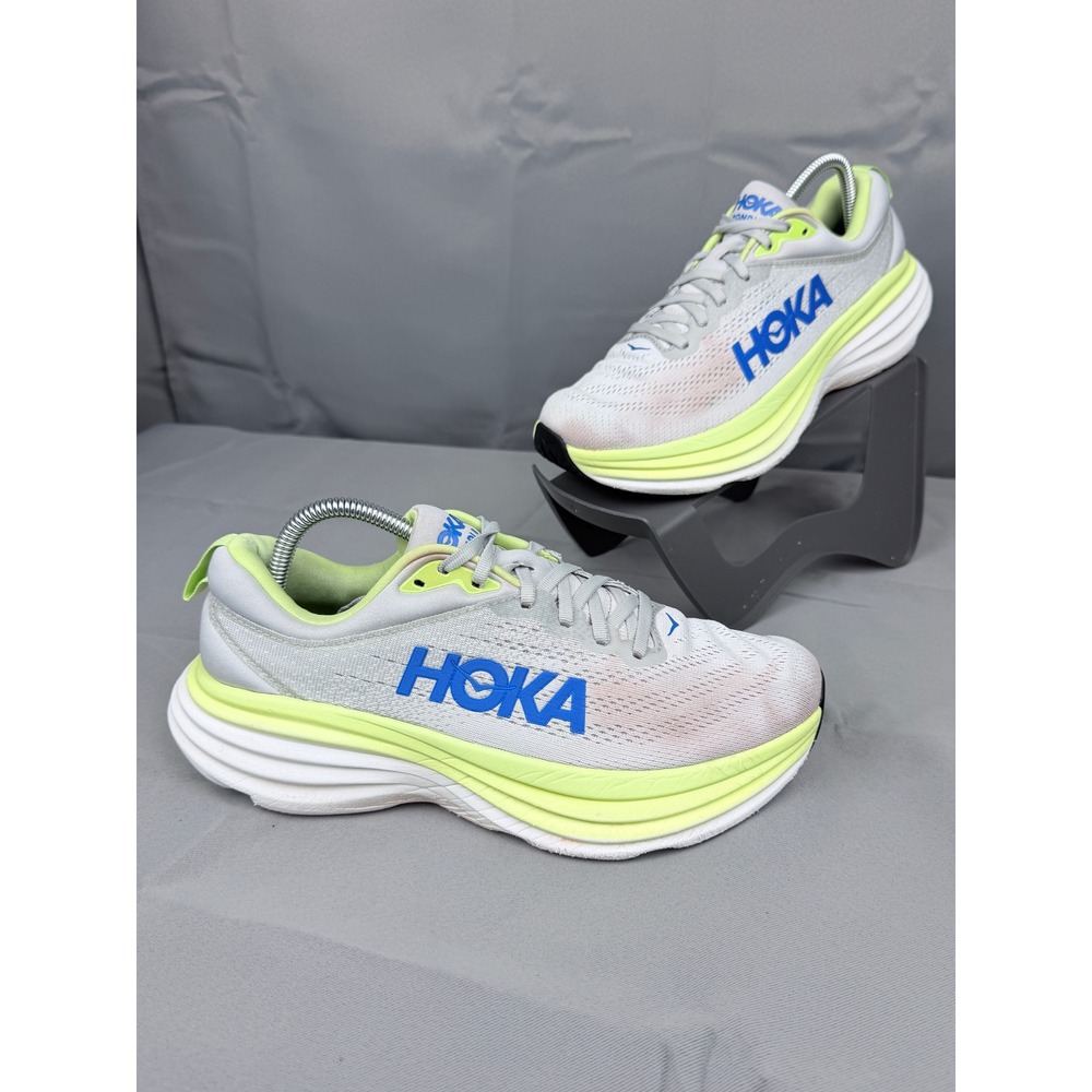 Hoka One One Bondi 8 Mens Running Shoes Grey Lime Blue 1123202-STTC Size 8 D